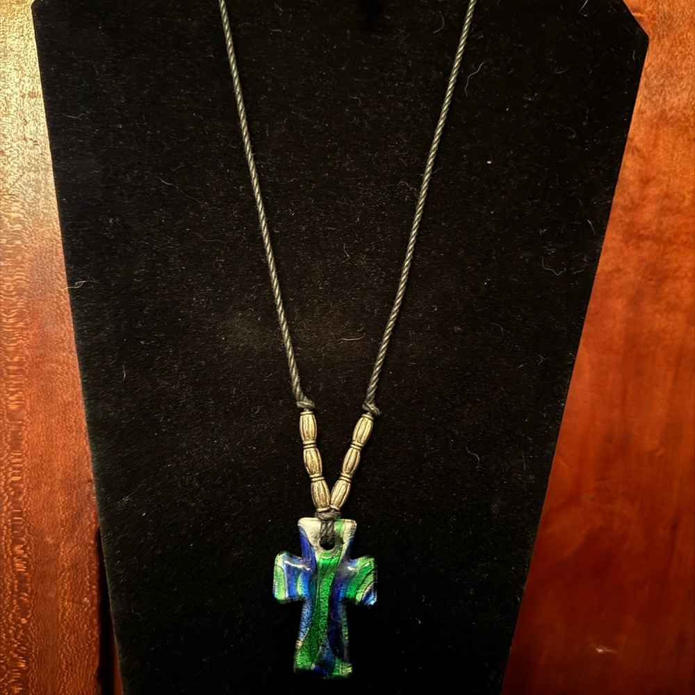Glass Blue and Green Cross Pendant Necklace beaded on long string.